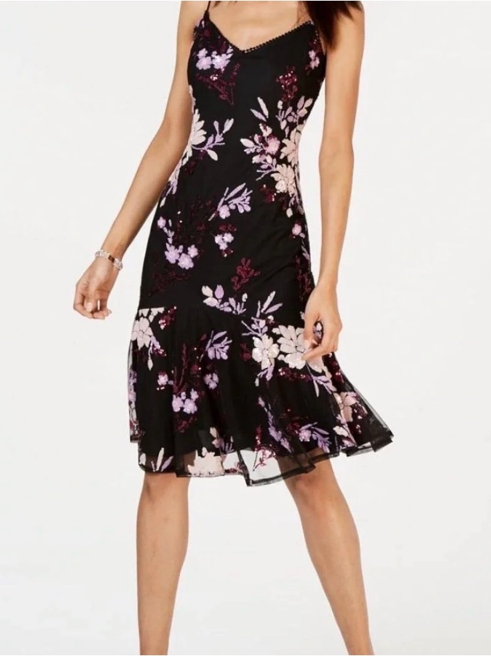 Adrianna Papell Floral Slip Midi Dress - Black with Pink & Purple Floral Print